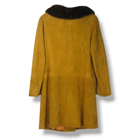 Vintage Suede Leather Fur-Trim Collar Button Front Swing Coat Mustard Ochre 8 - Picture 3 of 11